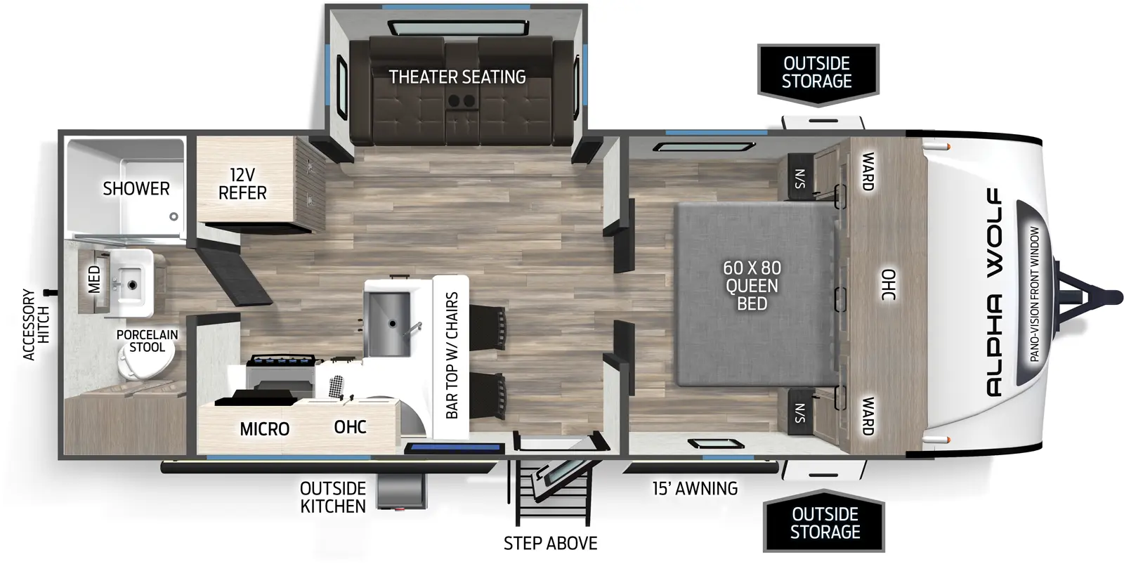 The Alpha Wolf 21RB floorplan has one entry and four slide outs. Exterior features include: fiberglass exterior and 15' awning. Interiors features include: front bedroom and rear bathroom.
